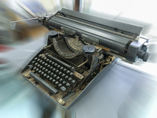 Antique Typewriter. Vintage Typewriter Machine Closeup Photo.
