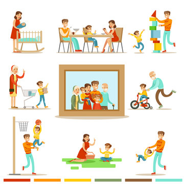 Happy Family Doing Things Together Illustration Surrounding Big Family Portrait Picture
