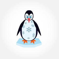 Vector illustration of cartoon penguin on ice, isolated on white background