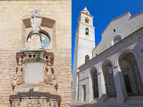 Andria, Cathedral facade and rear Saint Richard statue, Apulia, Italy