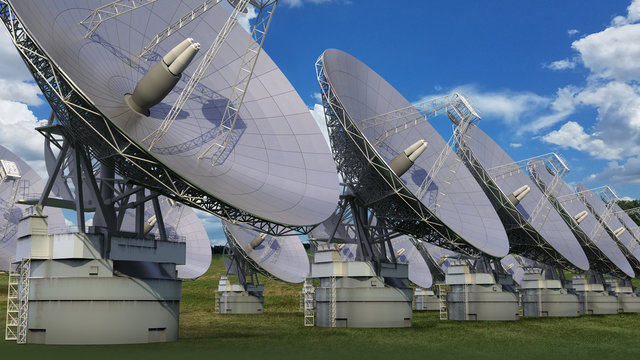 3D Illustration of a satellite dish array against a blue sky