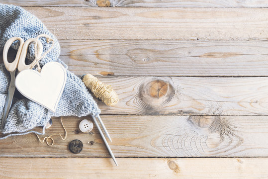 Craft items on vintage table