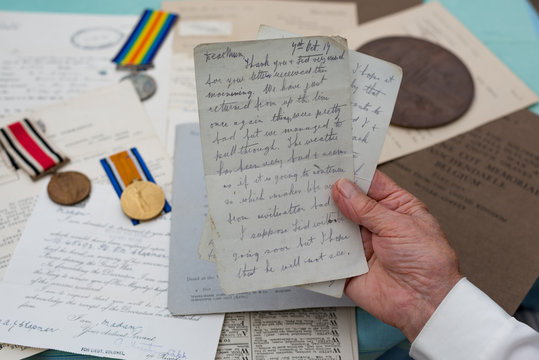 World War One, Letter From The Trenches With Medals.