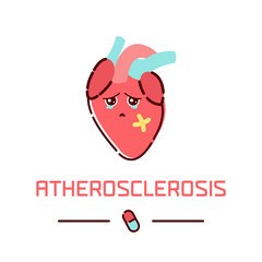 Obraz premium Atherosclerotic coronary artery vascular disease. Atherosclerosis awareness poster with cartoon heart on white background. Human body organs anatomy icon. Medical concept. Vector illustration.