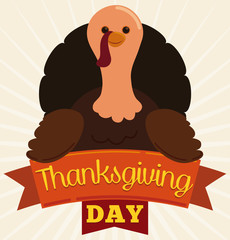 Happy Turkey with Ribbons for Thanksgiving Day in Flat Style, Vector Illustration