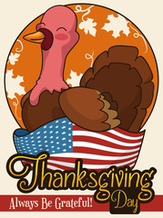 Happy Turkey over an American Flag for Thanksgiving Day, Vector Illustration