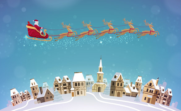 Christmas, Vector Illustration. Santa Claus Rides In Sleigh Pulled By Reindeer Over City