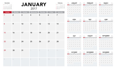 Calendar 2017 template design. Week starts from Sunday