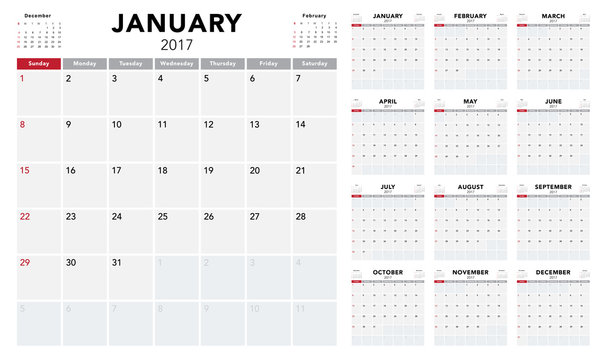 Calendar 2017 template design. Week starts from Sunday