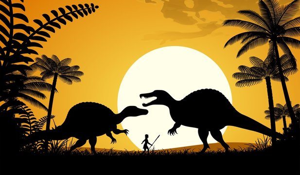 Silhouettes of dinosaurs. Two Spinosaurus on sunset background. Vector illustration.
