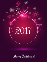 Shiny Xmas ball for Merry Christmas 2017 celebration on dark purple background with light, stars, snowflakes. Vector eps illustration