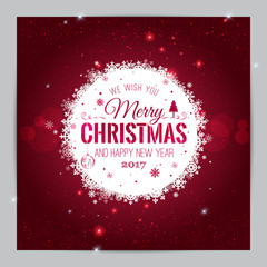 Christmas and New Year typographical on holidays background with snowflakes, light, stars. Vector Illustration. Xmas card