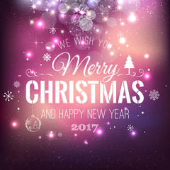 Christmas and New Year typographical on holidays background with snowflakes, light, stars. Vector Illustration. Xmas card