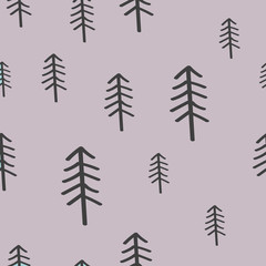 Cute seamless pattern with hand drawn gray pines on violet background. Wrapping paper.