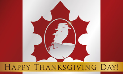 Elegant Turkey with Pilgrim Hat Celebrating Thanksgiving over Canadian Flag, Vector Illustration