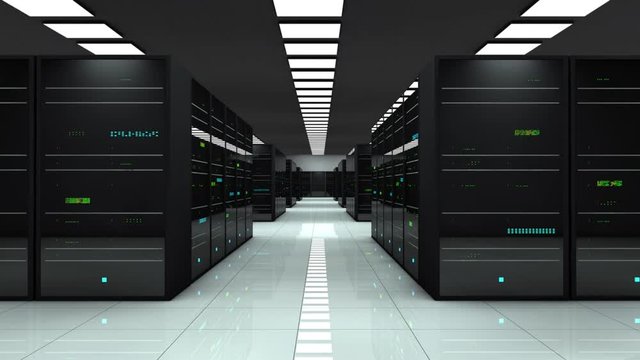 Server room. LED lights. Camera moves to the right