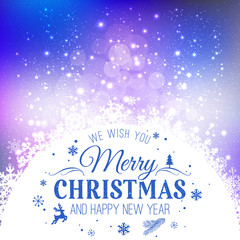 Christmas and New Year typographical on holidays background with snowflakes, light, stars. Vector Illustration. Xmas card