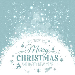 Christmas and New Year typographical on holidays background with snowflakes, light, stars. Vector Illustration. Xmas card