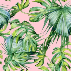 Gordijnen Naadloze aquarel illustratie van tropische bladeren, dichte jungle. Hand geschilderd. Banner met tropisch zomermotief kan worden gebruikt als achtergrondstructuur, inpakpapier, textiel of behangontwerp. © annaveroniq
