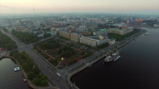 Aerial view of Saint-Petersburg embankment at the evening