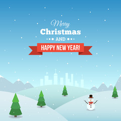 Fototapeta na wymiar Snowy Christmas landscape. Christmas greeting card. Vector illustration. Eps 10.