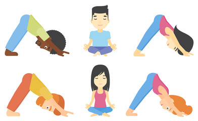 Vector set of men and women practicing yoga.