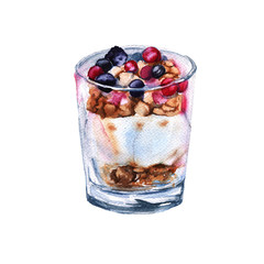Yogurt with berries and oatmeal. Insulated. Watercolor sketch.