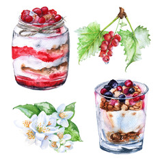 Yogurt with berries and oatmeal. Insulated. Watercolor sketch.