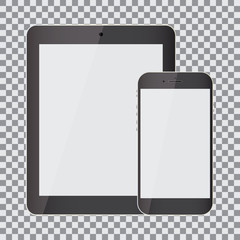 Blank screen. Set of realistic tablet and smartphone on a transparent background