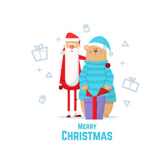 Merry Christmas. Santa Claus hugging bear. Flat Vector Illustration
