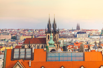 Panorama of the old part of Prague from the Prague Castle. Old Town architecture, Czech Republic.