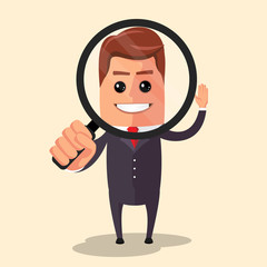 Vector flat design illustration. Manager character looking through a magnifying glass.