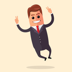 Vector illustration. Manager character is jumping. Smiling businessman rejoices and bounces.