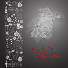Hand drawn Santa Claus, gifts and handwritten words.