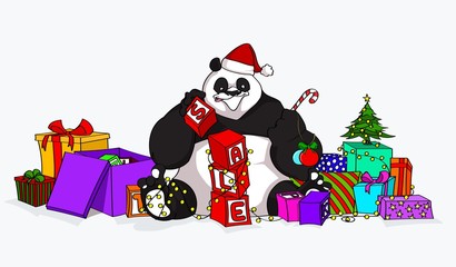 Christmas Sale Panda with a lot of presents, new year's tree and many others accessories. Best for web sale's promotions, advertising, ads and booklets - stock illustration