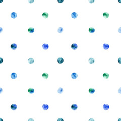 Watercolor seamless simple polka dot childish pattern on white. Blue, emerald dots. Painted dots. A number of large round dots repeated to form a regular pattern on fabric. Scandinavian style. 