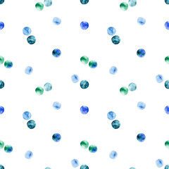 Watercolor seamless simple polka dot childish pattern on white. Blue, emerald dots. Painted dots. A number of large round dots repeated to form a regular pattern on fabric. Scandinavian style. 