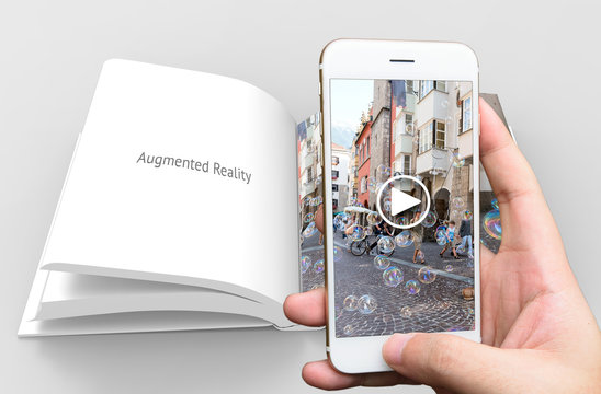 Augmented reality marketing concept. Hand holding smart phone use AR application to play video book for customer. 3d rendering