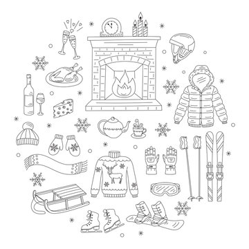 Winter activity icons hand drawn doodle vector illustration. Ski and snowboard equipment,  winter vacation elements.