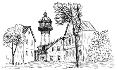 Fototapeta premium Old water tower, symbol of Zelenogradsk earlier Cranz, Landmark of the Kaliningrad region, Russia, Vector hand drawn sketch isolated on white background, Postcard drawing template with european house