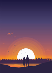 Two Lovers Happy Lovers Looking at the Sunset Cartoon Vector Illustration