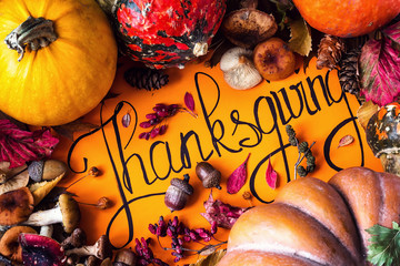Happy Thanksgiving Day holiday background postcard concept cornucopia full harvest fruit vegetable...