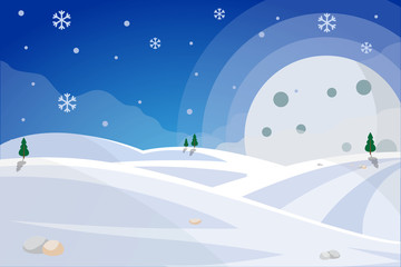 snow winter mountain with moon and tree landcape vector illustration
