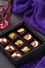 Luxury handmade chocolate candies with nuts in gift box