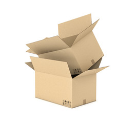 Rendering of two opened light beige cardboard mail box one put inside another, isolated on the white background