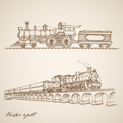 Engraving hand vector Railway transport train