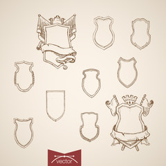 Engraving vintage hand drawn vector shield frame with ribbon