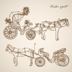 Engraving hand vector horse carriage Pencil Sketch transport