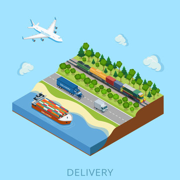 Flat Isometric Train Cargo Truck Barge Plane Vector 3d Transport