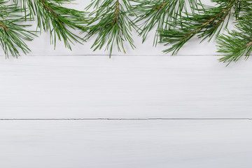 White wood background decorated green pine's branches